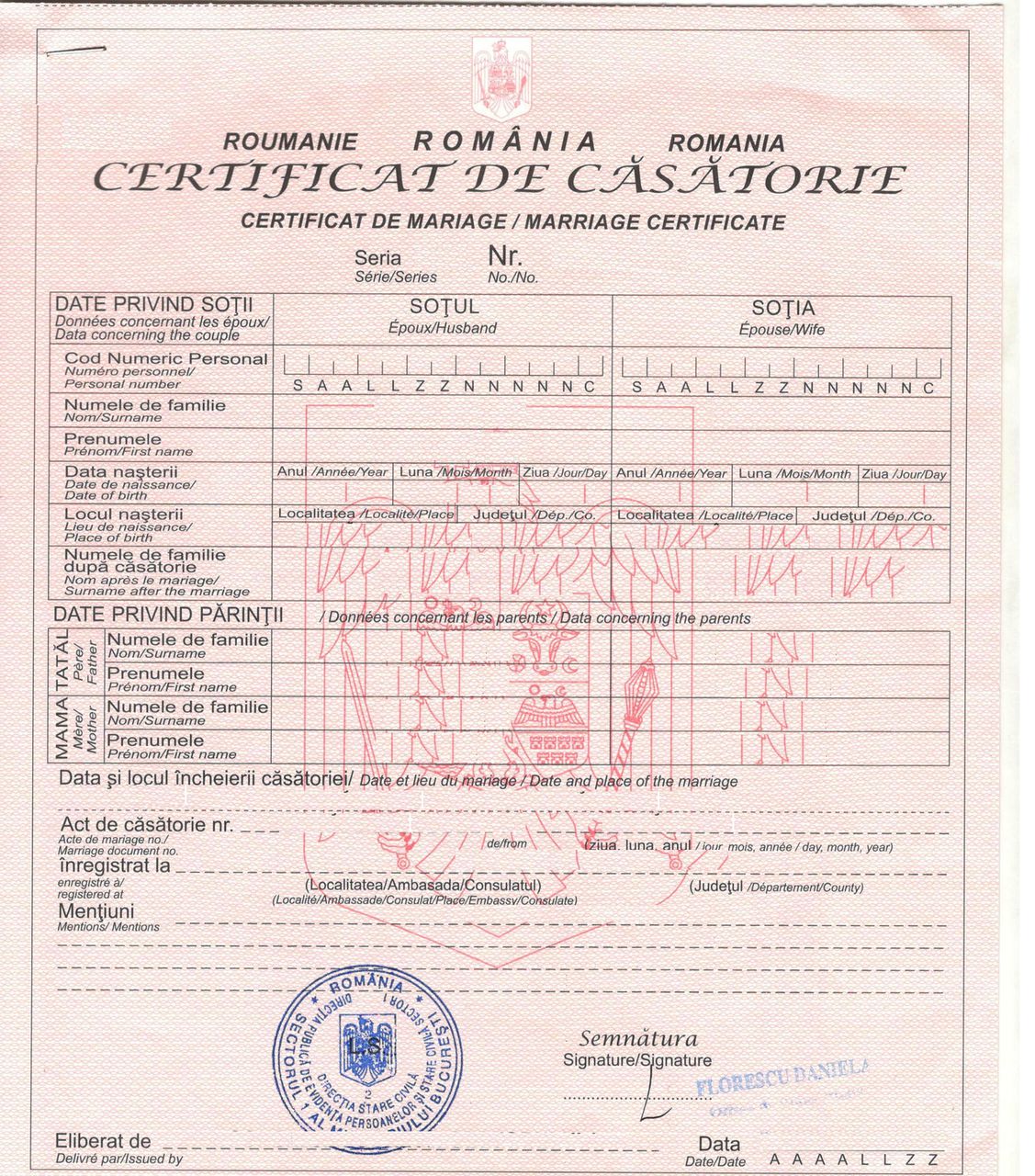 Transcriere certificat de căsătorie românesc